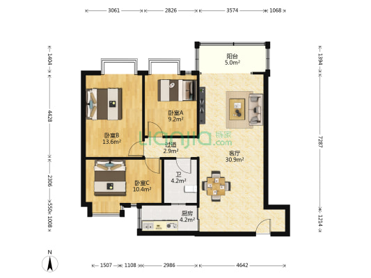 广东工业大学五山教师村 3室1厅1卫 97平方