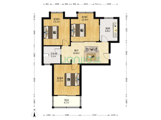 定北家园 3室1厅1卫 88平方