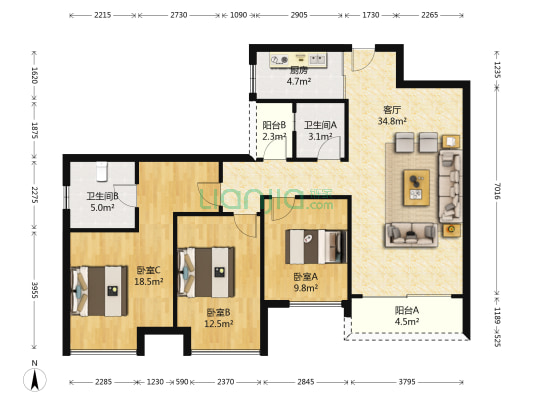 万科金域蓝湾一期 3室1厅2卫 121平方