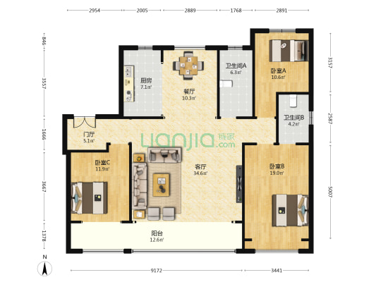翔凯上城虞园 3室2厅2卫 156平方