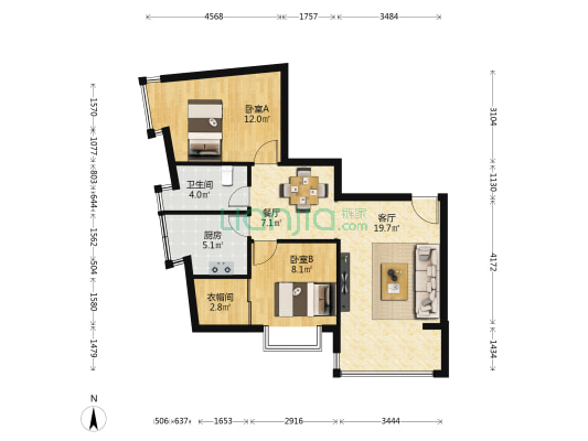 凯宁阁 2室2厅1卫 66平方