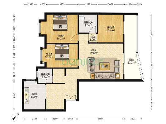 裕阳大厦 2室1厅2卫 126平方