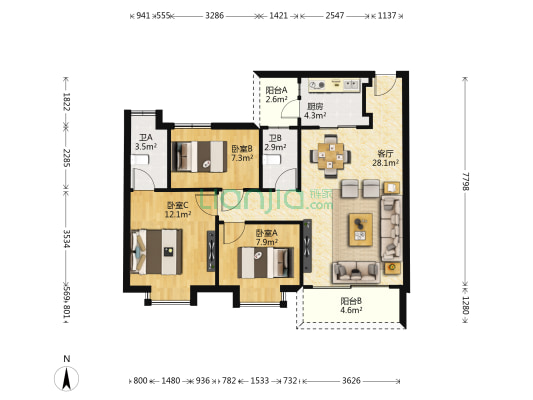 帝景豪庭 3室1厅2卫 88平方
