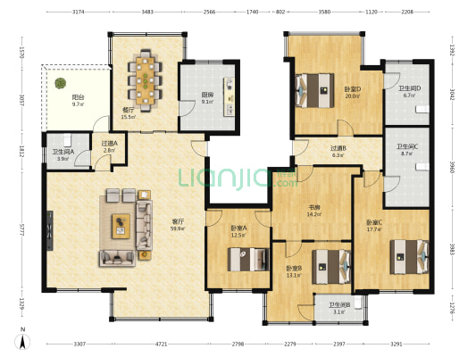 元利花园东区 5室2厅4卫 177平方
