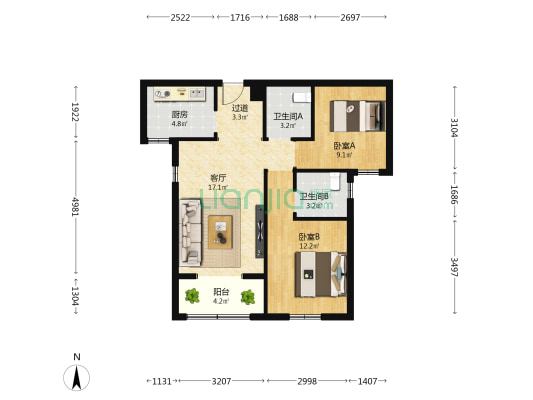 鼓锣洋塘里 2室1厅2卫 79平方