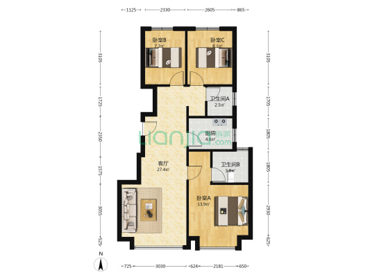三居双卫，自住装修，拎包入住，配套齐全-户型图
