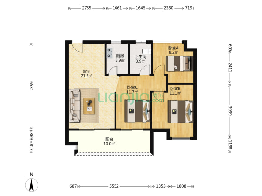 佳海塞尚华庭 3室1厅1卫 90平方