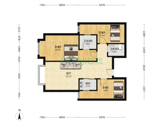 元福绿都 3室1厅2卫 105平方