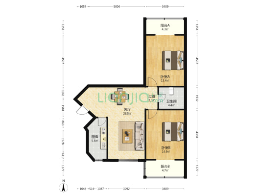 铜锣湾城市府邸 2室1厅1卫 109平方