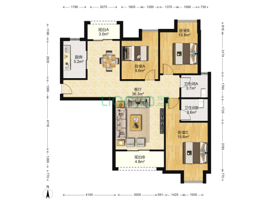 汉北水晶城二期 3室1厅2卫 113平方
