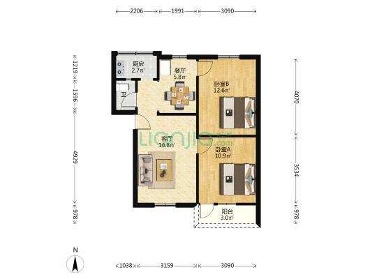 海南省生产资料宿舍 2室2厅1卫 59平方