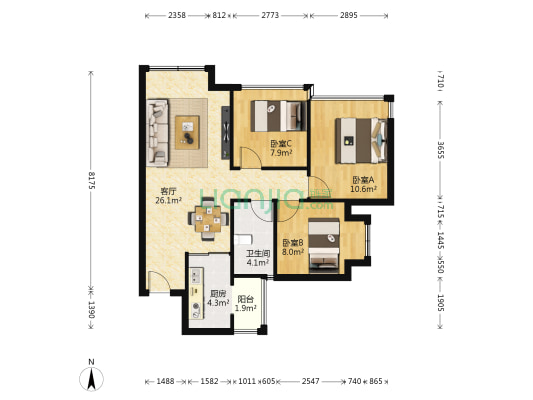 合能珍宝金楠 3室1厅1卫 75平方