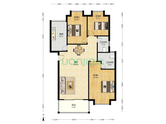 万鑫嘉园 3室1厅2卫 121平方