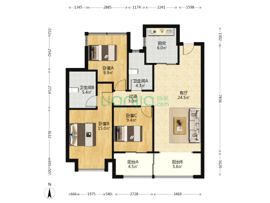 龙湖天玺南区 3室1厅2卫 120平方