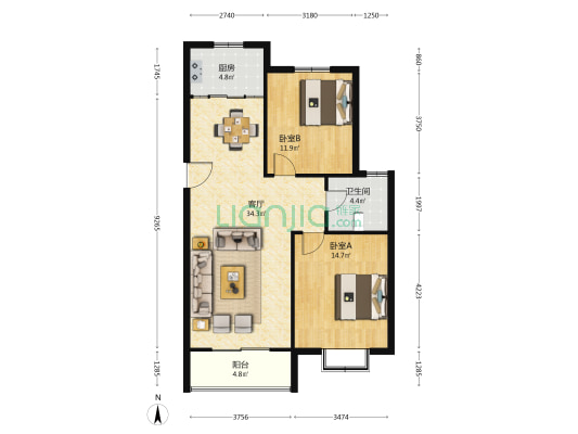 杭嘉城市花园 2室1厅1卫 91平方