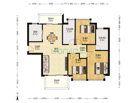 中洲里程花园 3室1厅2卫 109平方