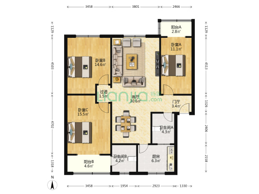 金穗富康小区 3室1厅2卫 121平方