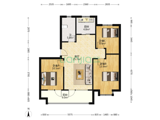 海信珠山小镇一期莱茵 3室1厅1卫 103平方
