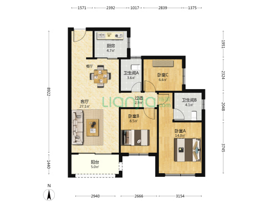 中海凤凰熙岸 3室1厅2卫 89平方