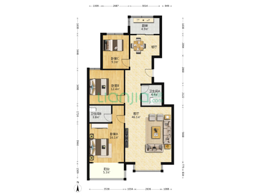 侨治花园 3室1厅2卫 127平方