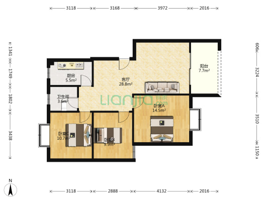 学府星竹一期 3室1厅1卫 93平方