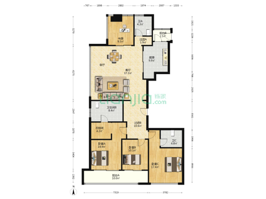 绿城桂冠东方一区 4室1厅3卫 195平方