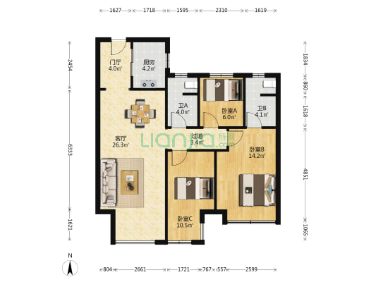 美的麓府 3室1厅2卫 102平方