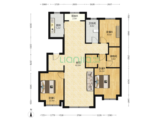 融创湖岸壹号 3室1厅1卫 125平方