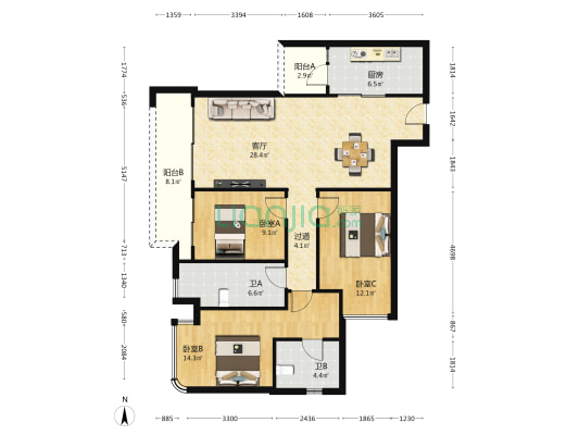 长嘉汇朗峯北区 3室1厅2卫 122平方