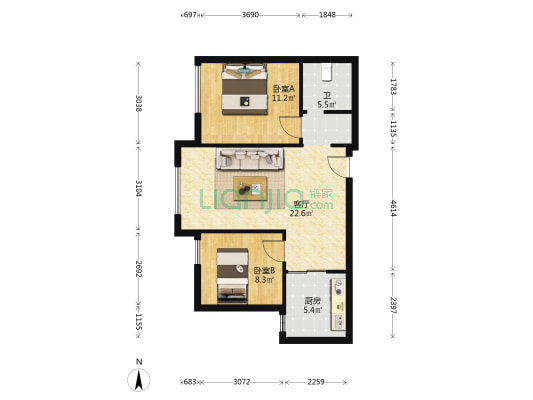 恒大珺睿府 2室1厅1卫 83平方