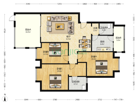 宝石花石油花园 3室1厅2卫 119平方