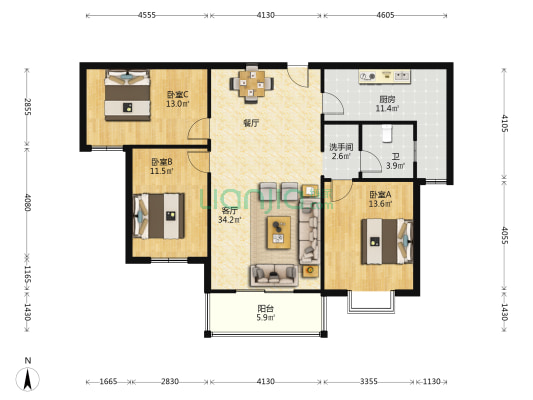西班牙小镇南区 3室1厅2卫 121平方