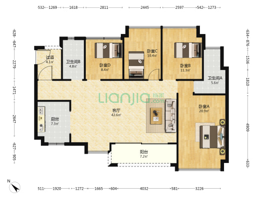 珠光海珠新城 4室1厅2卫 142平方
