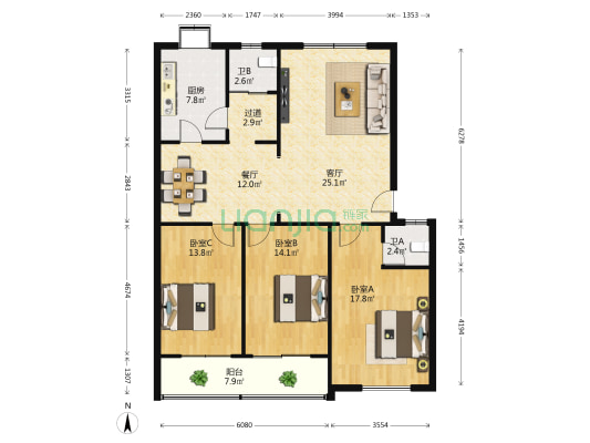 四明花园西区 3室2厅2卫 129平方