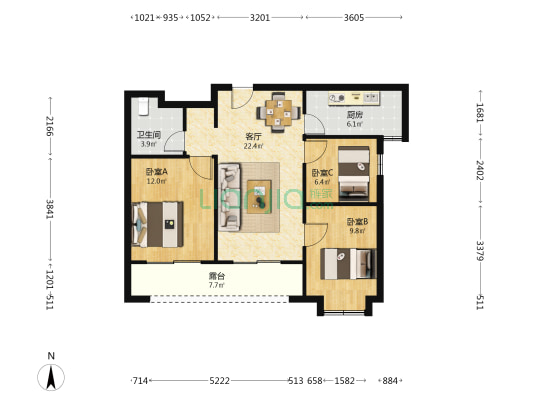 新区万科城 3室1厅1卫 90平方