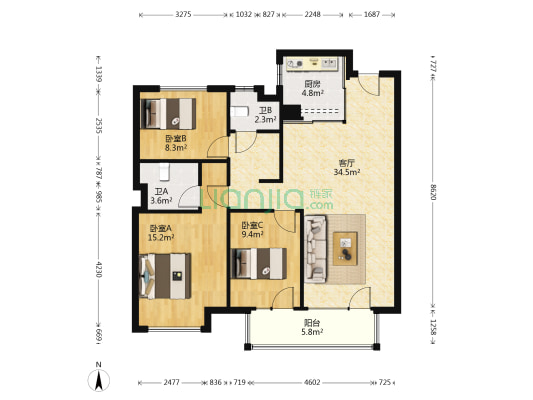 蔚蓝国际三期 3室1厅2卫 118平方