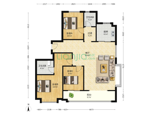 金地卿云台 3室1厅2卫 155平方