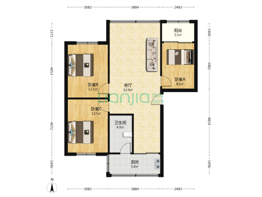 气象局宿舍 3室1厅1卫 90平方