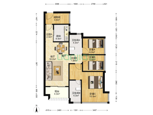 金融街融穗华府 3室1厅2卫 91平方