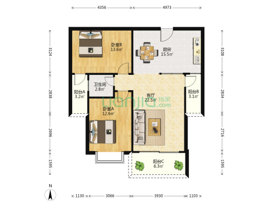 天海苑 2室1厅1卫 98平方