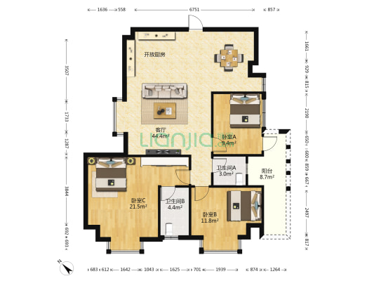 金山广场 3室1厅2卫 135平方