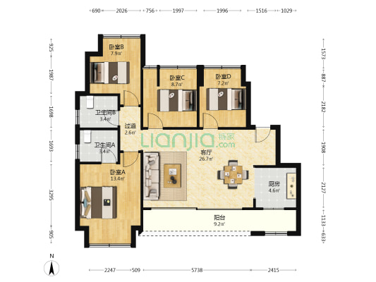 首创禧悦光华 4室1厅2卫 99平方