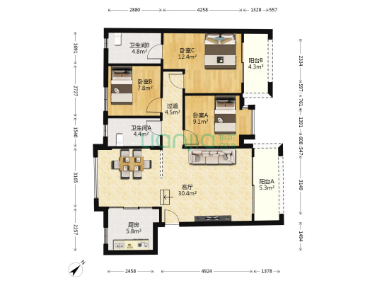 纯自然名宅 3室1厅2卫 111平方