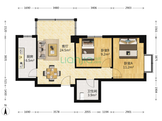广健花园 2室1厅1卫 83平方