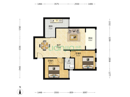 大圆祥双星阳光 2室1厅1卫 70平方