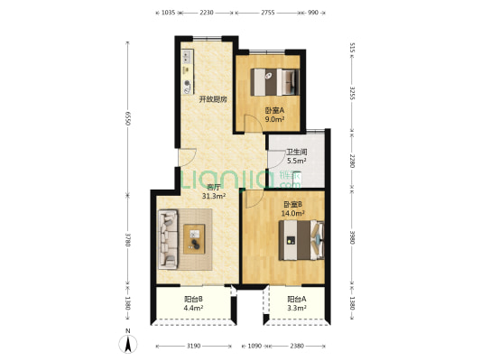 元都新苑 2室1厅1卫 87平方