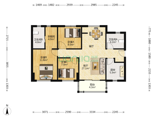 万科城二期B区 3室1厅2卫 90平方