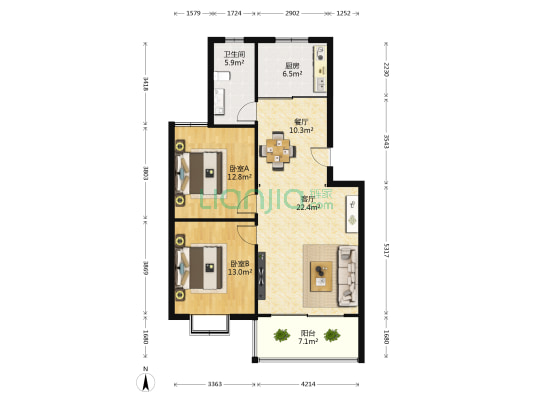 南宿舍小区 2室2厅1卫 102平方
