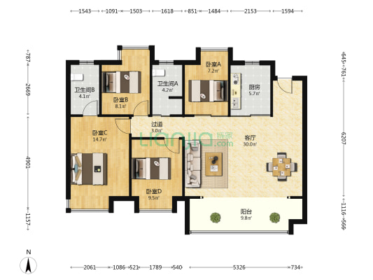 联发美的云玺台 4室1厅2卫 119平方
