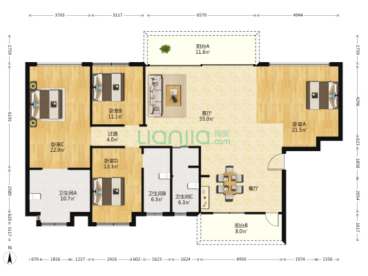 春风里 4室1厅3卫 195平方